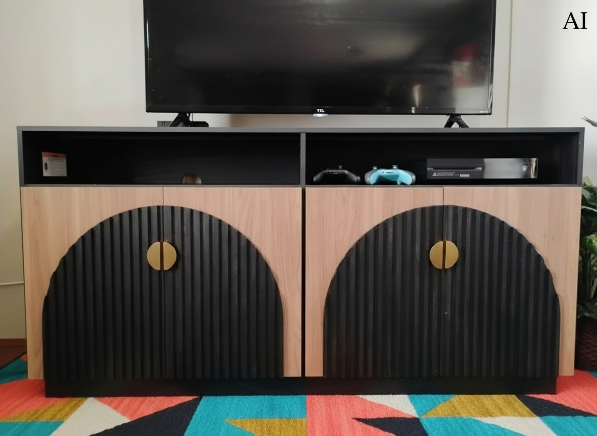 TV-Schrank-Set, Schwarz, Kamel, Mid-Century Modern, 2-teilig, hoch, Stauraum, verstellbare Regalböden/Türen