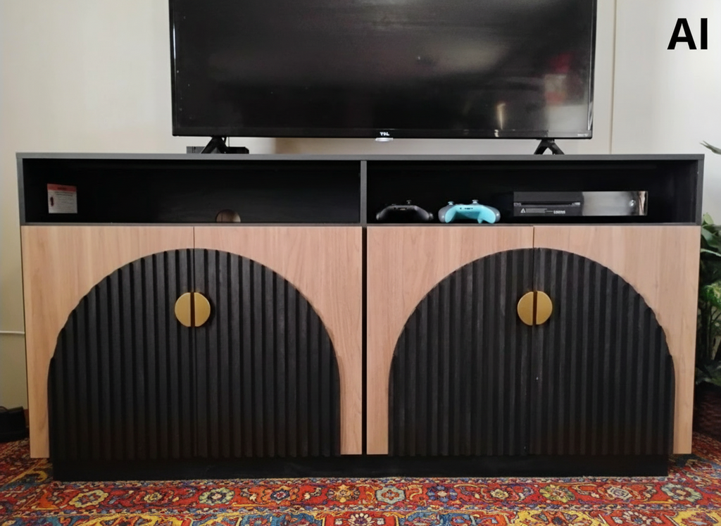 TV-Schrank-Set, Schwarz, Kamel, Mid-Century Modern, 2-teilig, hoch, Stauraum, verstellbare Regalböden/Türen