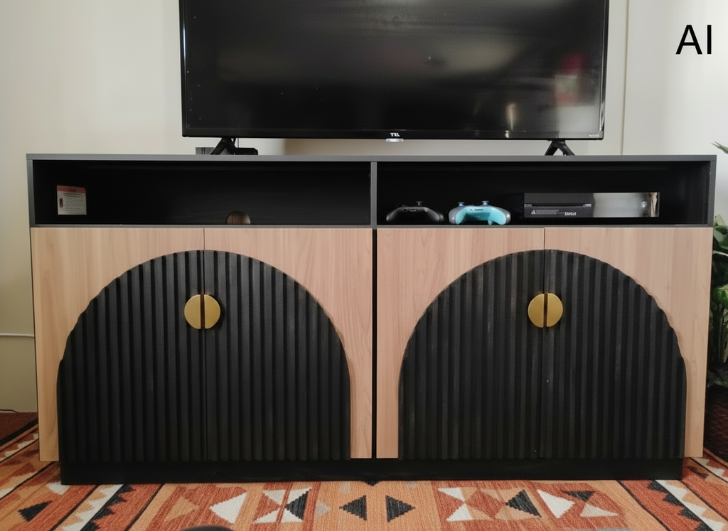 TV-Schrank-Set, Schwarz, Kamel, Mid-Century Modern, 2-teilig, hoch, Stauraum, verstellbare Regalböden/Türen