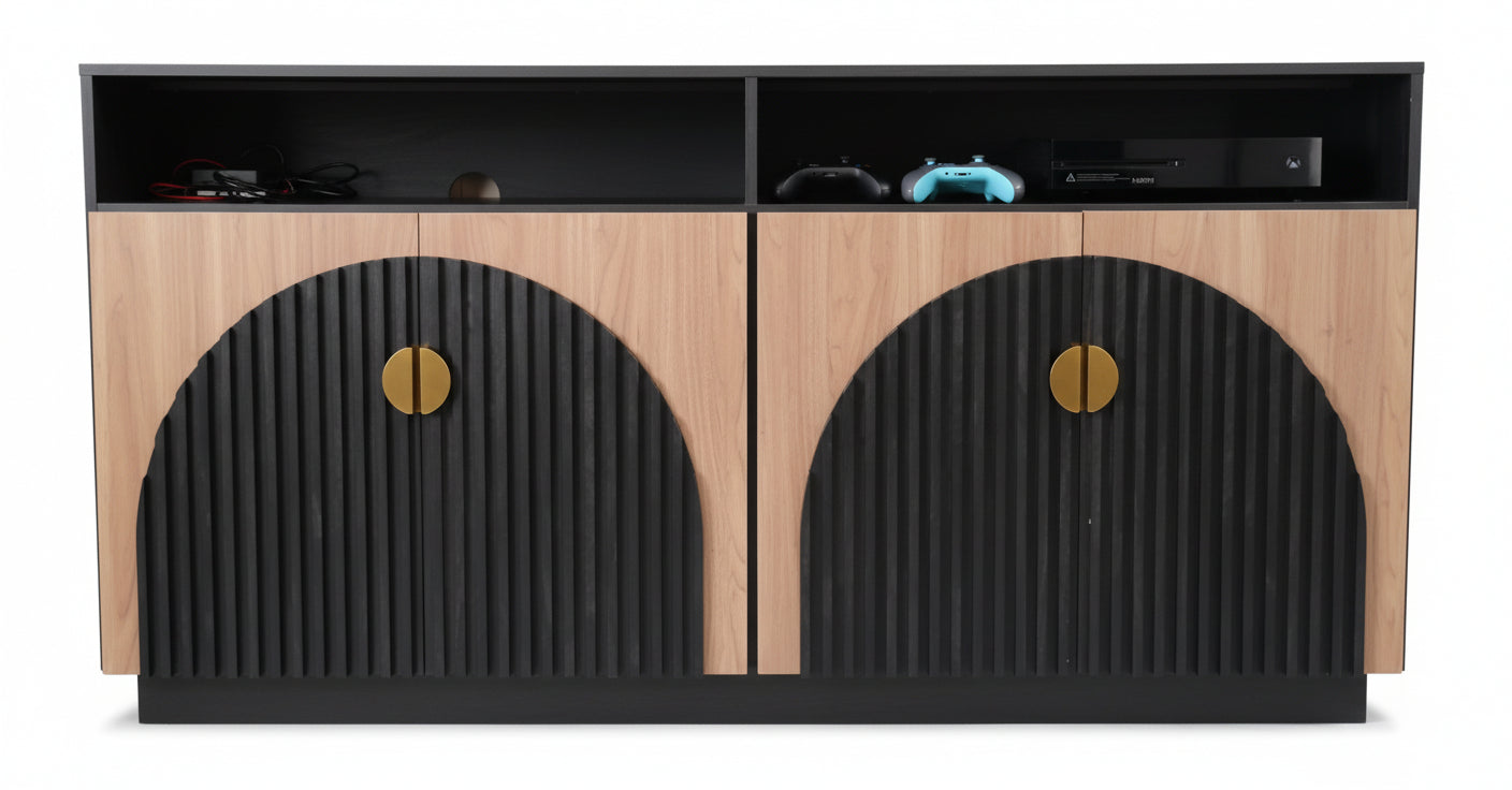 TV-Schrank-Set, Schwarz, Kamel, Mid-Century Modern, 2-teilig, hoch, Stauraum, verstellbare Regalböden/Türen