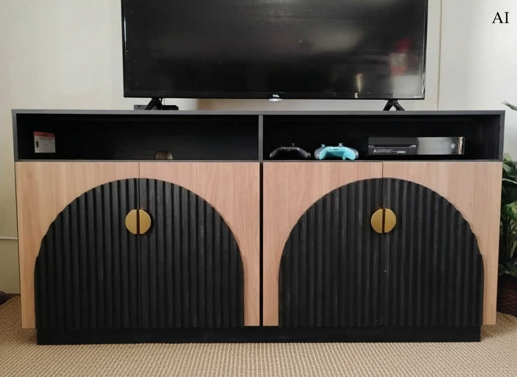 TV-Schrank-Set, Schwarz, Kamel, Mid-Century Modern, 2-teilig, hoch, Stauraum, verstellbare Regalböden/Türen