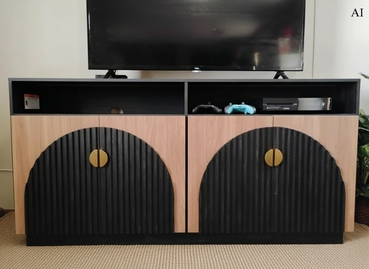 TV-Schrank-Set, Schwarz, Kamel, Mid-Century Modern, 2-teilig, hoch, Stauraum, verstellbare Regalböden/Türen