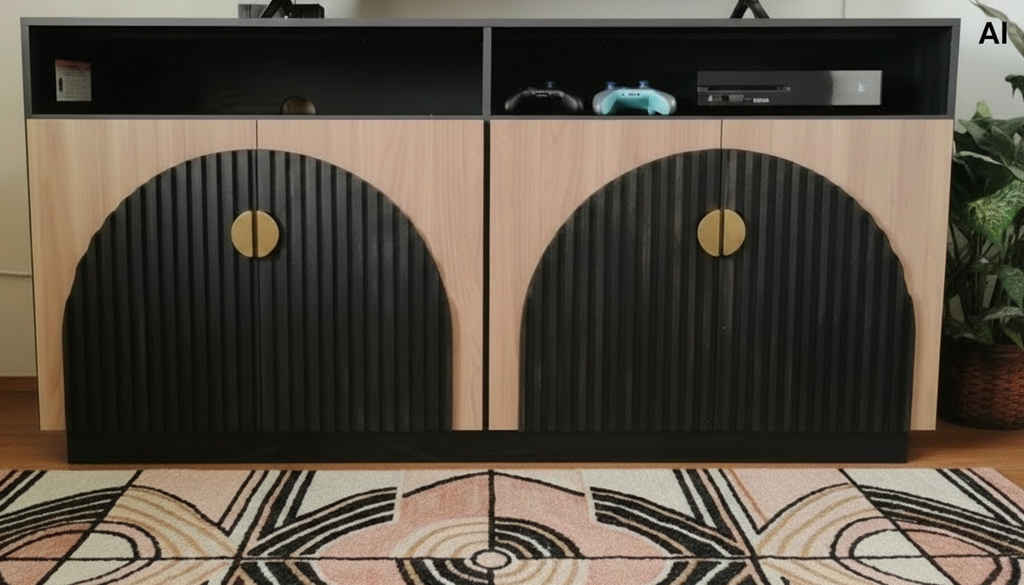 TV-Schrank-Set, Schwarz, Kamel, Mid-Century Modern, 2-teilig, hoch, Stauraum, verstellbare Regalböden/Türen